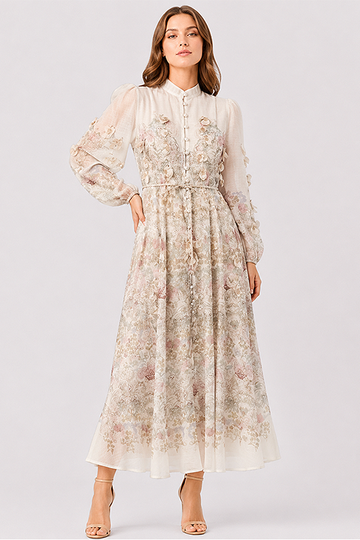 Romantic Floral Print Stand Collar Maxi Dress