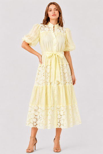 Floral Lace Cutout Panel Puffed Sleeves Midi Dress