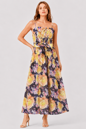 Elegant Watercolor Floral Print Square Neck Maxi Dress