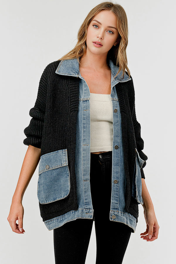 DENIM CONTRAST SWEATER CARDIGAN