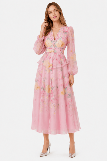 Watercolor Floral Print Long Balloon Sleeves Midi Dress