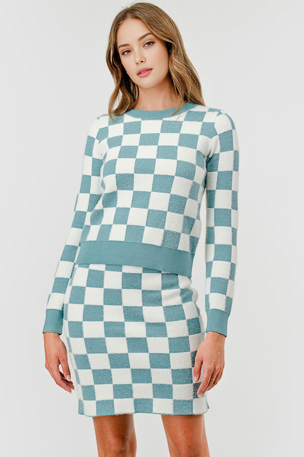 ROUND NECK COLOR CONTRAST CHECKERED SWEATER & SKIRT 2PC SET