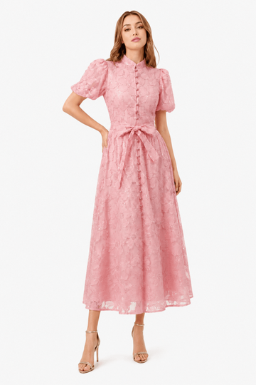 Floral Lace Puff Sleeves Tie Waist Maxi Dress