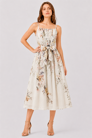 Elegant Watercolor Floral Print Square Neck Midi Dress