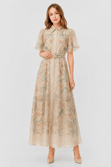 Floral Print Flutter Short Sleeves Turn Down Collar Maxi Dress