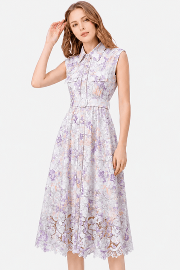 Floral Lace with Pastel Print Collared Neck Midi Dress