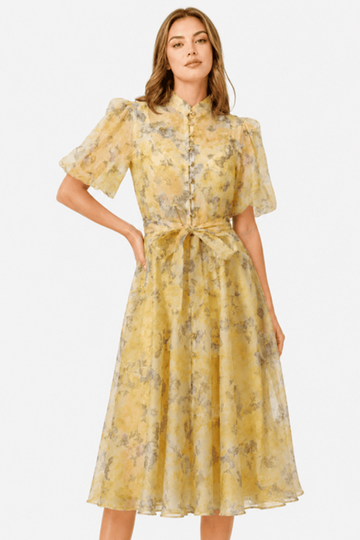 Watercolor Floral Print Self-Tie Waist Belt Midi Dress