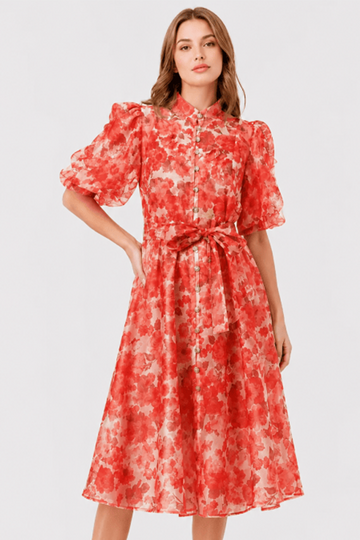 Watercolor Floral Print Puff Short Sleeves Midi Dress