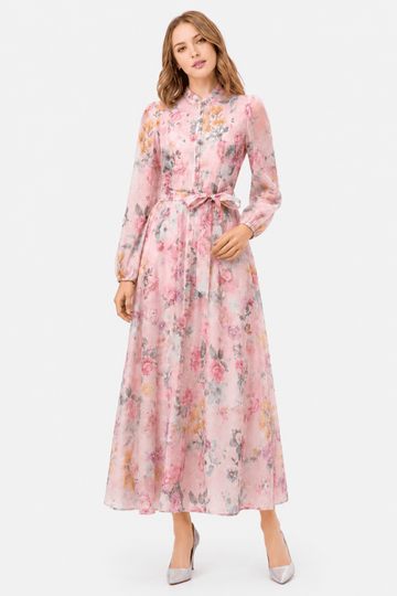 Watercolor Floral Print Self-Tie Waist Belt Maxi Dress