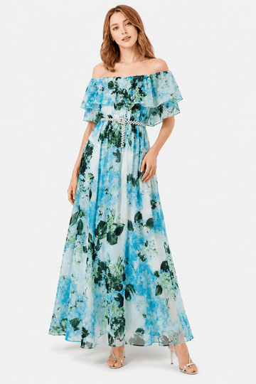 One-Shoulder Watercolor Floral Print Maxi Dress