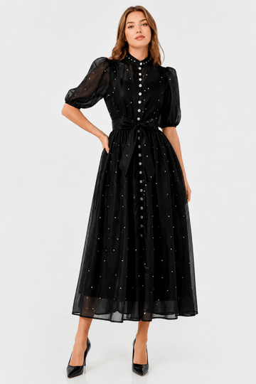 Rhinestone Embellished Puff Short Sleeves Midi Dress