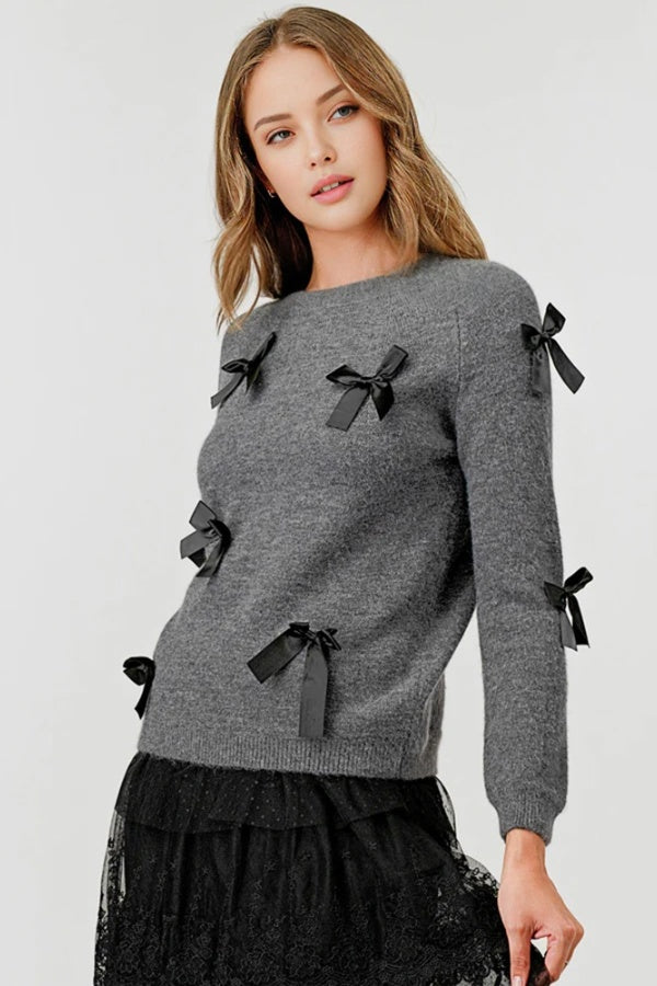Bow Detail Round Neck Pullover Sweater DBT4012