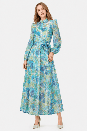 Watercolor Floral Print Long Balloon Sleeves Maxi Dress