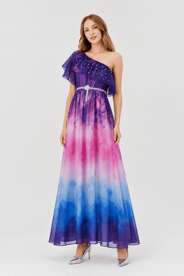 One-Shoulder Ruffled Chiffon Overlay Maxi Dress