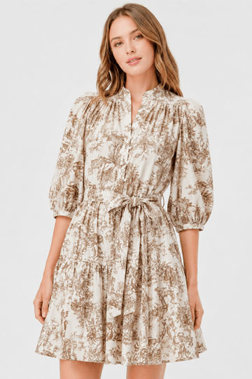 Floral Print Puff Three-Quarter Sleeves Mini Dress