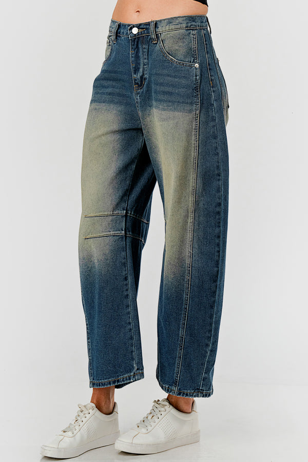 MID RISE BARREL DENIM PANTS