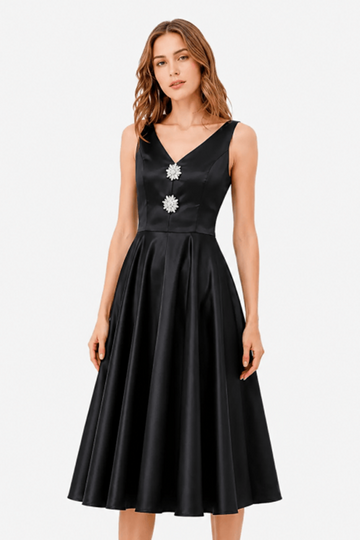 Satin Fabric Deep V-Neck A-Line Midi Dress