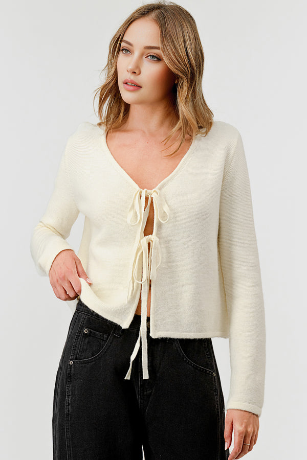 V-NECK TIE FRONT KNIT CARDIGAN