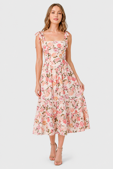 Floral Print Tie Shoulder Tiered Midi Dress
