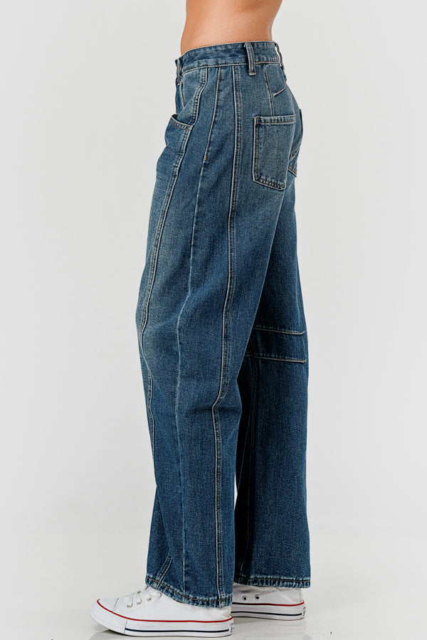 MID RISE BARREL DENIM PANTS