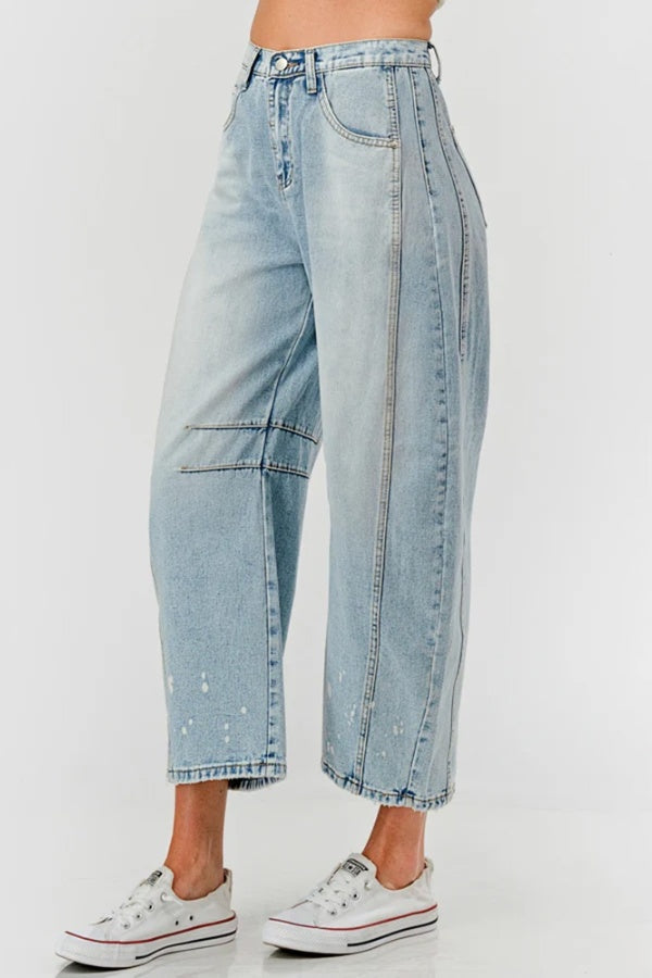 MID RISE BARREL DENIM PANTS