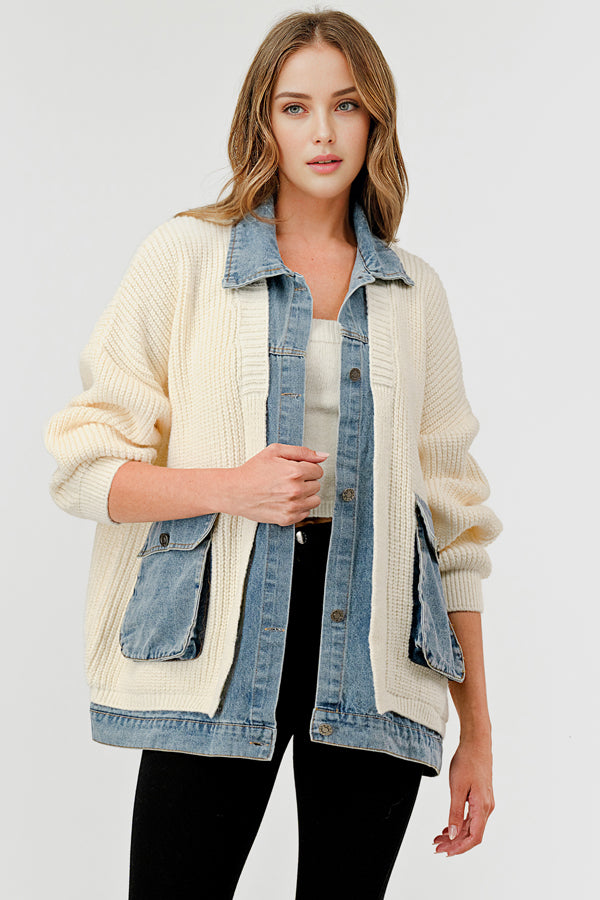 DENIM CONTRAST SWEATER CARDIGAN