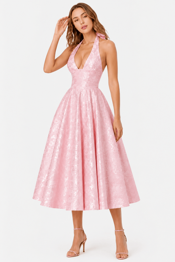 Halter Neck Deep V Bust Corset-Style Bodice Midi Dress
