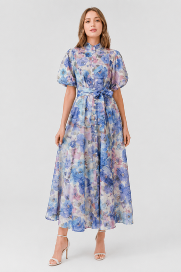 Rhinestone Embellished Watercolor Floral Print Midi Dress