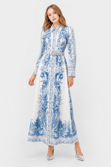 Boho Ocean-inspired Blue-and-White Print Maxi Dress
