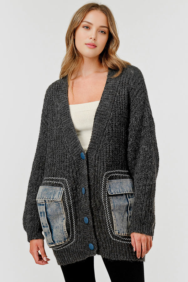 DENIM POCKET COLOR CONTRAST SWEATER CARDIGAN