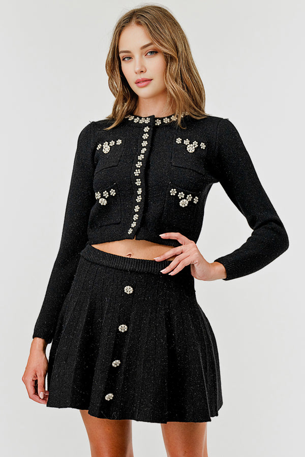 ROUND NECK CARDIGAN & SKIRT 2PC SET WITH EMBELLISHMENTS