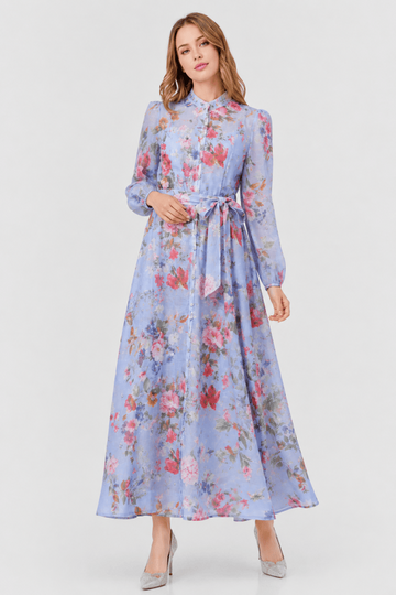 Watercolor Floral Print on Blue Base Stand Collar Maxi Dress